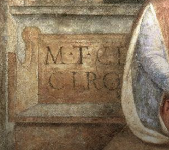 Vincenzo Foppa, Fanciullo che legge cicerone, dettaglio dell'iscrizione latina