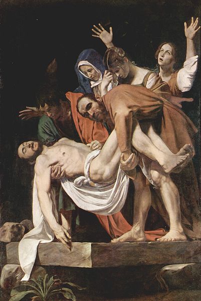 Deposizione del Caravaggio -  il braccio, come nelle raffigurazioni di Meleagro, enfatizza l'arrendevolezza del corpo senza vita.