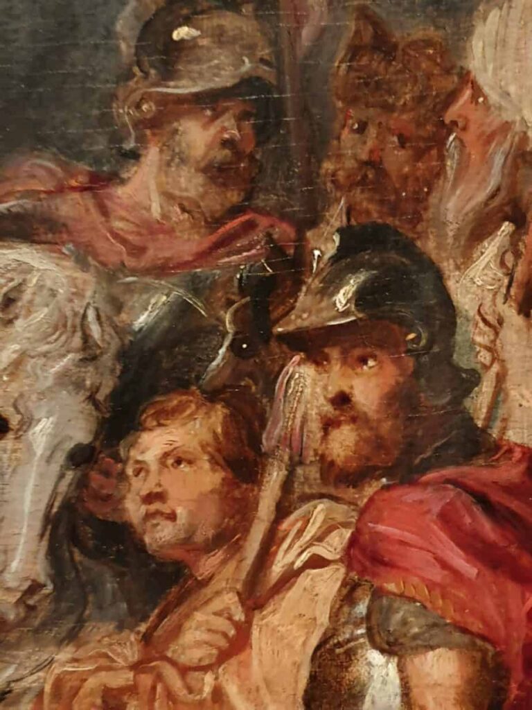 Dettaglio dei soldati e del cavallo bianco presenti nel dipinto Cristo Crocifisso di Peter Paul Rubens