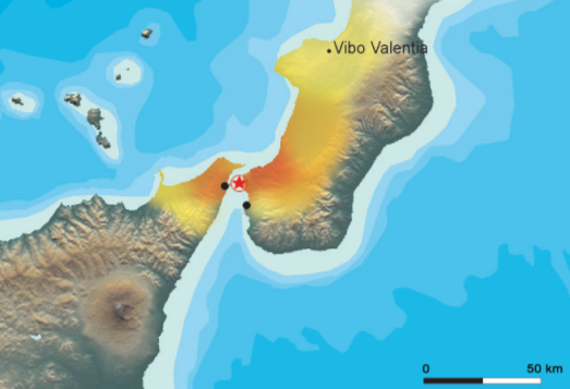 La zona rossa indica la maggiore probabilità di terremoti Tra le provincie di Reggio Calabria e Messina