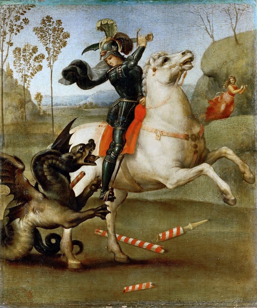 Raffigurazione di San Giorgio e il drago realizzata da Raffaello Sanzio nel 1506